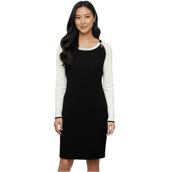 Ivanka Trump Dresses & Skirts - IVANKA TRUMP Womens Black w/ White Sleeves & Neck Knit Sweater Dress Size Large